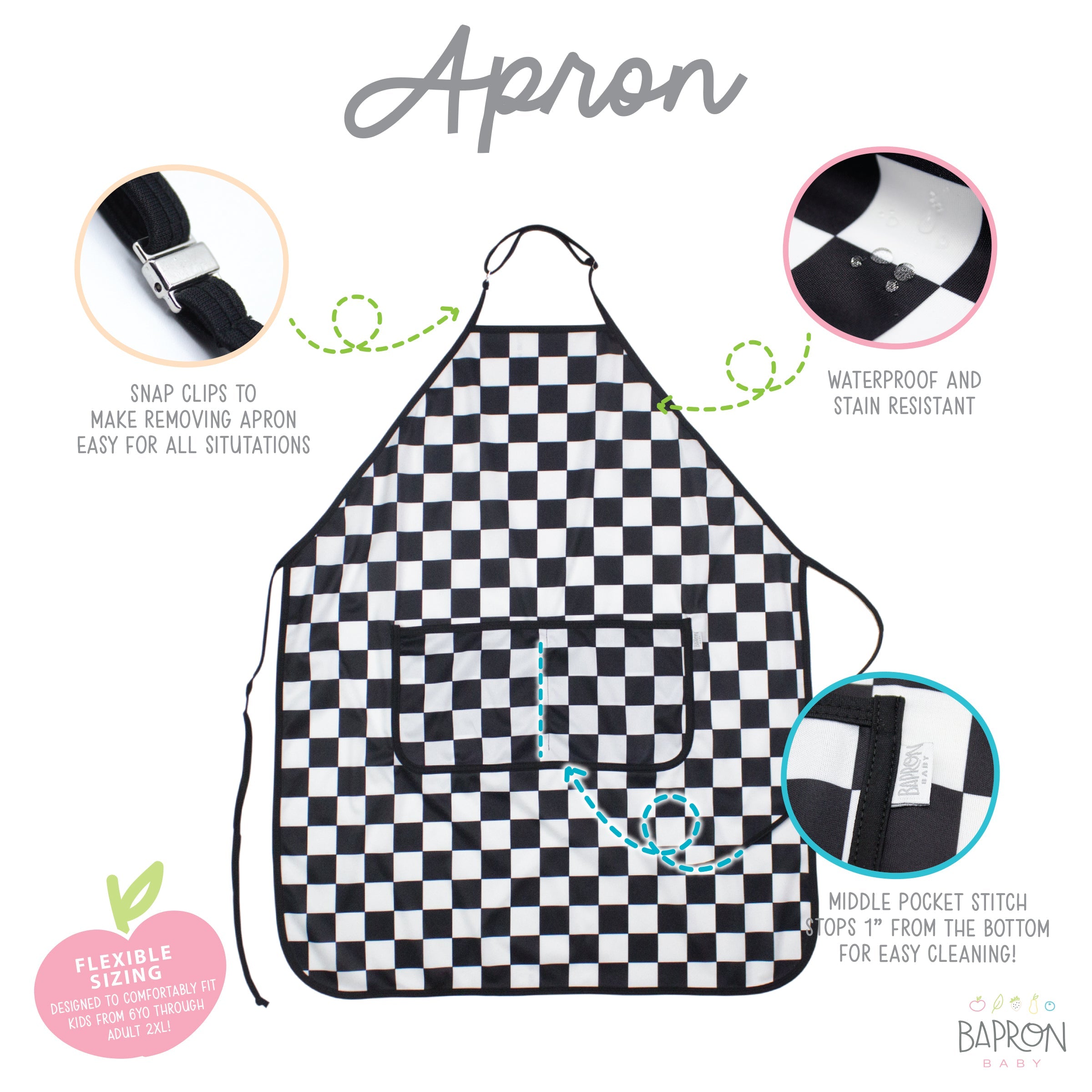 Black Checkerboard Apron - fits sizes youth small through adult 2XL